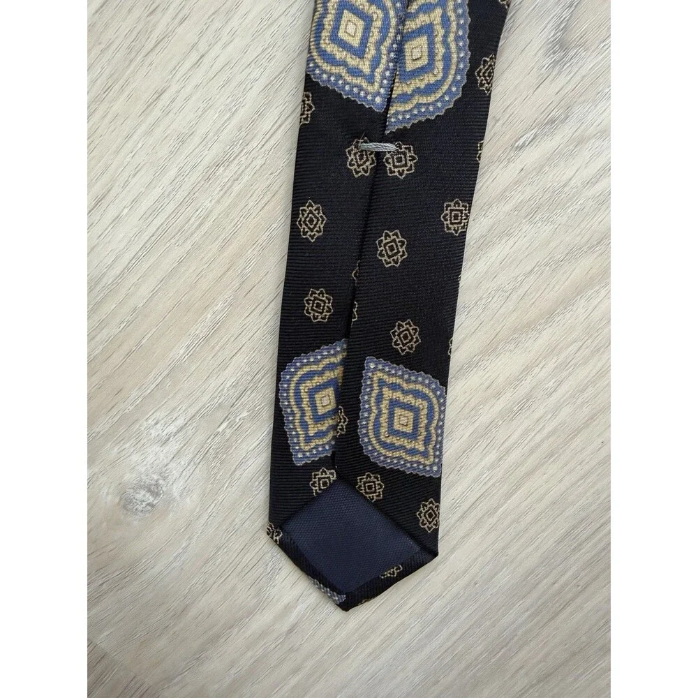 Vintage Chaps Ralph Lauren Men Silk Geometric Tie Black Blue Gold Pointed Woven